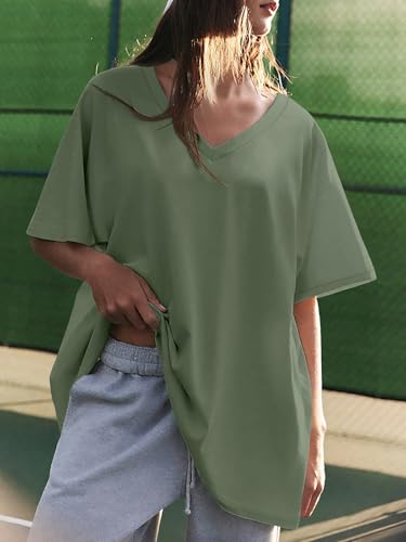 Image of ATHMILE Womens Oversized Shirts V Neck Plus Size Spring Workout Summer Tops Beach Vacation 2026 Gym Clothes Basic Tee