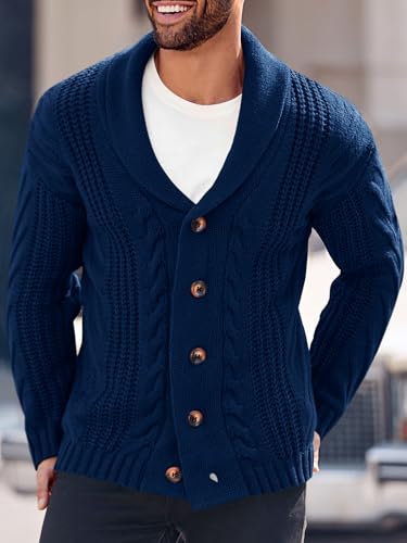 Image of Karlywindow Mens Cable Knit Cardigan Sweater Shawl Collar Loose Fit Long Sleeve Casual Cardigans