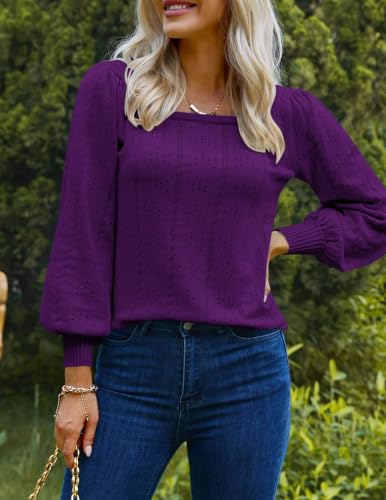 Image of HOTOUCH Sweaters for Women 2026 Fall Trendy Tops Casual Puff Sleeve Square Neck Cute Tunic Pullover Blouses XS-XXL