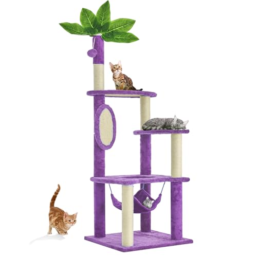 Nineshi 55 Inch Large Cat Tree Tower for Indoor Cats with Hammock Green Leaves Sisal Scratching Post, Plush Hang Ball Play Furniture for Kittens & Adult Cats, New Purple
