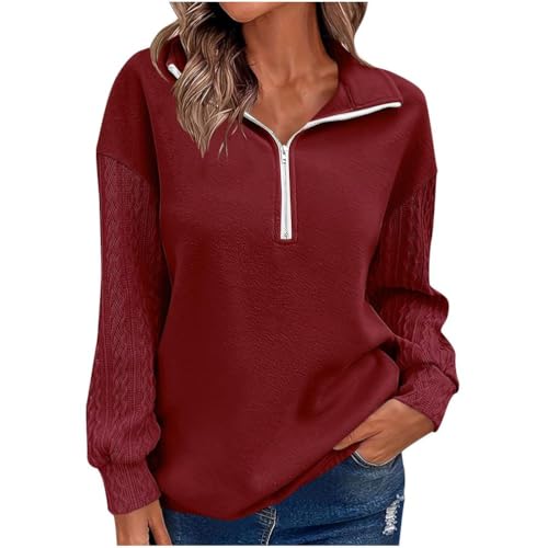 NPHFPSQA Women's Half Zip Sweatshirt Long Sleeve Trendy Loose Knit Texture Patchwork Blousetunic T-Shirts Lapel Pullover Tops,Red,Small