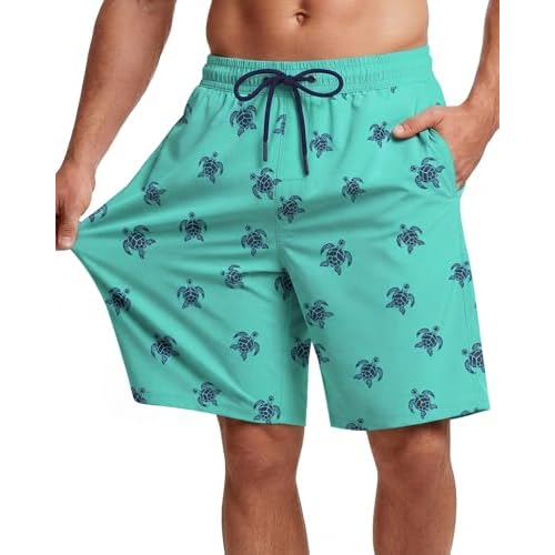 9 Inch Men Swim Trunks with Mesh Lining Breathable Quick Dry Drawstring Pockets for Summer Beach Travel Cruise Small Aqua Turtle