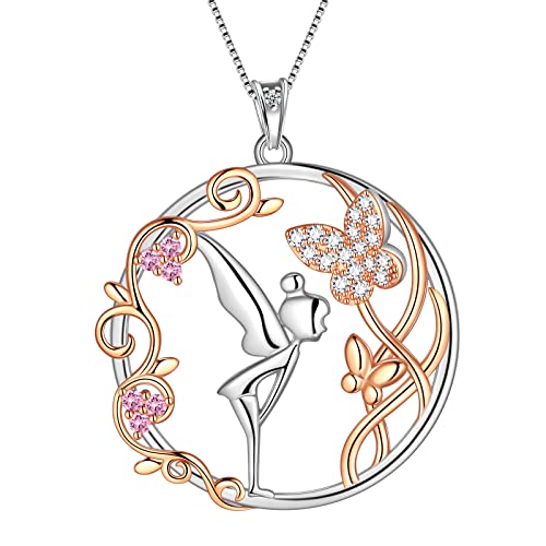 Aurora Tears Fairy Necklace for Teen Women- 925 Sterling Silver Angel Butterfly Vine Leaves Rose Gold Pendant Necklace Pink Crystal Jewelry for Women Christmas Birthday Valentine's Day Gift