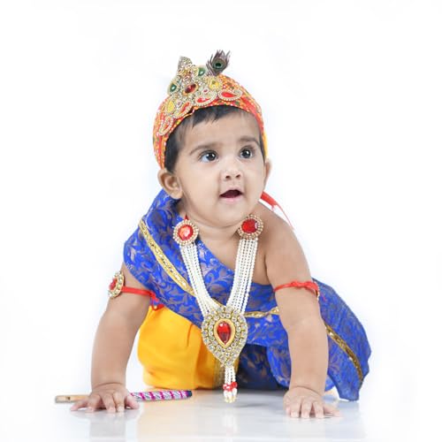 Image of ITSMYCOSTUME Krishna Dress for Baby Boy Kids Set of 10(Dhoti,Hip Cover,Patka,Mukut,Morpankh,Bansuri,Kamarband,Bajuband,Kundal) Little Krishna Ji Kanha Janmasthmi Costume