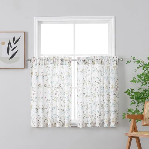 Image of Chyhomenyc Roman Cafe Curtains 24 Inch Length, Linen Blend Textured Small Half Window Curtain, Leaf Floral Printed Light Filtering Short Curtains for Kitchen Bathroom, 28Wx24L inches, 2 Panels