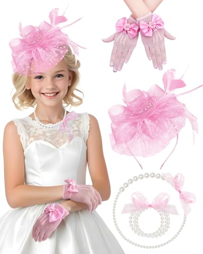 Girls Tea Party Fascinators Hats Lace Gloves Pearl Necklace Set for Wedding 1920s Tea Party Accessories (Blush Pink)