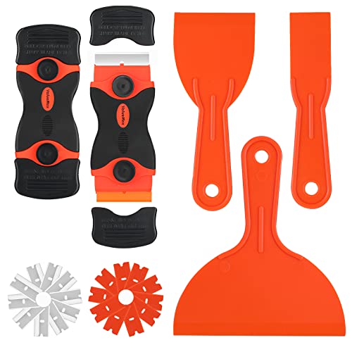 Valuemax 2-Pack Razor Blade Scrapers With 10Pcs Plastic Blades, 10Pcs Metal Blades And 3-Pack Plastic Putty Knives, Cleaning Razor Scraper Remover Tool For Decals, Stickers, Labels, Caulk, Paint #TOP17