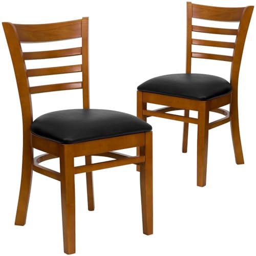 Image of Flash Furniture 2 Pack HERCULES Series Ladder Back Cherry Wood Restaurant Chair - Black Vinyl Seat