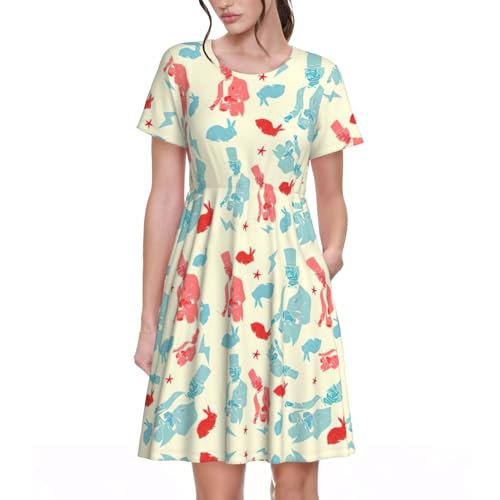 Robe trapèze avec poches et col rond à motif lapin magicien