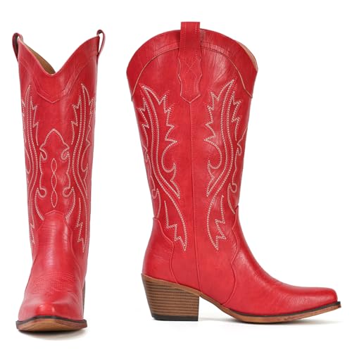 Image of IUV Cowboy Boots For Women Western Cowgirl Boots Mid Calf Snip Toe | Chunky Heel Ideal for low insteps