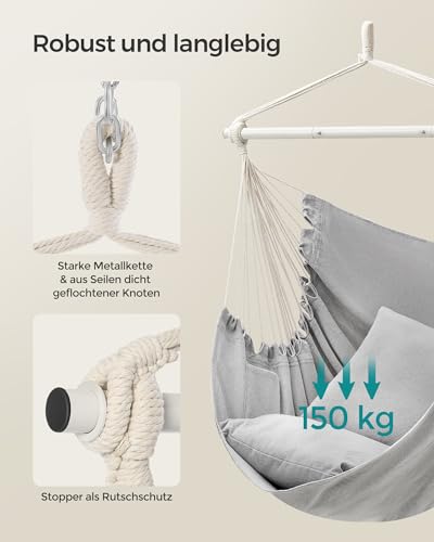 SONGMICS Hängesessel, Hängeschaukel, Hängestuhl mit 2 Kissen, Metallkette, bis 150 kg belastbar, Indoor und Outdoor, Wohnzimmer, Schlafzimmer, Taubengrau GDC197G01 5