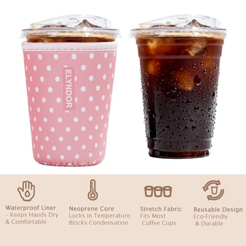 Image of Reusable Insulated Sleeve for Iced Coffee Cup, 3-Pack Coffee Neoprene Drink Sleeve for Cold & Hot Drinks, Beverage Holder for Iced Coffee (Pink Polka Dots)