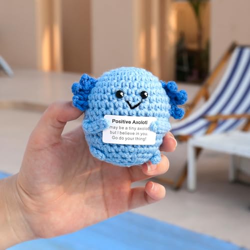 Image of Positive Crochet Axolotl Gifts, Handmade Emotional Support Crochet Animals, Inspirational Motivational Encouragement Gift Creative Cute Crochet Decorations Birthday Gift for Women Men-Blue