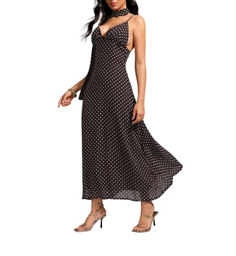 GORGLITTER Women's Deep V-Neck Polka Dots Mesh Tie Backless Sleeveless Long Maxi Dress with Scarf Brown Small