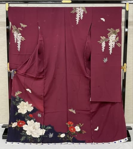 振袖 仮絵羽 未仕立て品 赤紫系 蝶 牡丹 正絹 森英恵 身丈：約178cm 反物幅：約37cmのサムネイル