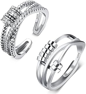 Dacitiery 2PCS Silver Anxiety Ring - Fidget Ring, Sterling Silver Anxiety Ring for Women Peace Fidget Spinner Rings, Adjustable Open Ring for Wedding Promise Birthday