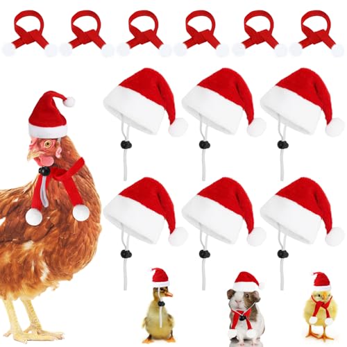 FOIMAS 12pcs Christmas Pet Chicken Hat Scarf Set Small Animal Hat Costume Set for Hen Duck Hamster Guinea Pig Rabbit Kitty Puppy Parrot Lizard Xmas Party Supply