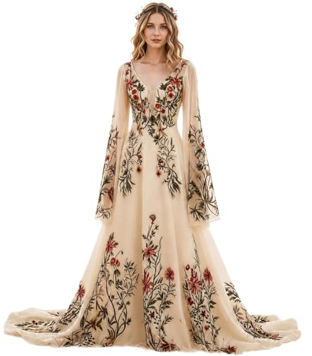 TPonline Bohemian Wedding Dresses for Bride Boho Long Sleeve Chiffon