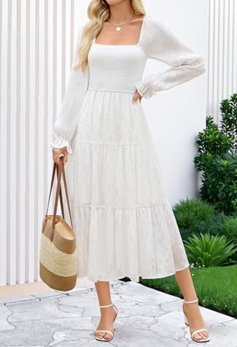 MEROKEETY Women's Fall Long Sleeve Floral Midi Dress Smocked Ruffle Tiered Square Neck Wedding Guest Dresses Pockets2