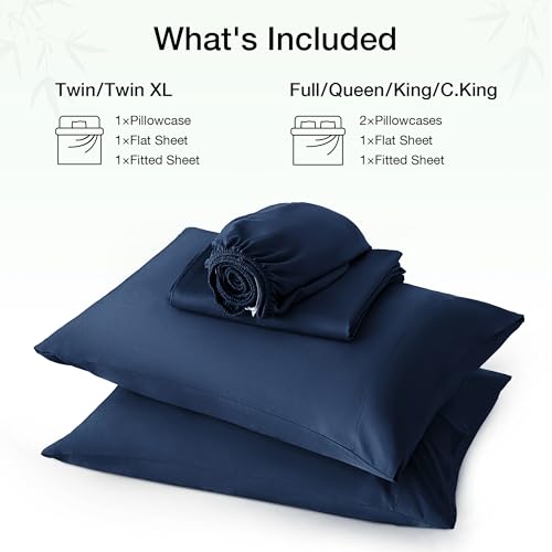 Image of Love's cabin 3 Piece Twin Sheet Set, 100% Rayon Derived from Bamboo, Cooling & Breathable, Soft Silky Deep Pocket up to 16 inch, Hotel Luxury Bedding for Hot Sleepers, Navy