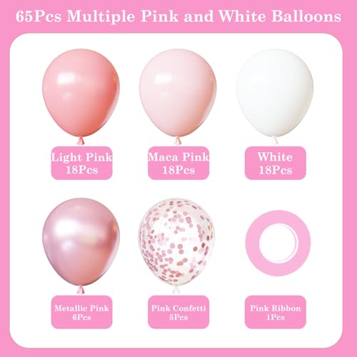 Image of Light Pink and White Balloons Kit, 65pcs 12 Inch Pink Balloons Pastel Pink Confetti Latex Balloons for Birthday Wedding Baby Shower Party Decorations