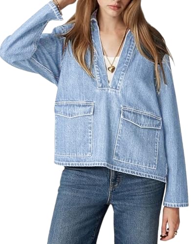 Image of Kedera Women's V Neck Denim Jackets Boyfriend Loose Fit Bussiness Casual Jean Pullover Tops