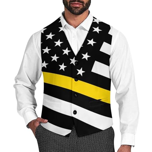 US Thin Yellow Line Flag Trendy Vest Suit for Men V Neck Formal Dress Waistcoat Vests Business Slim Fit