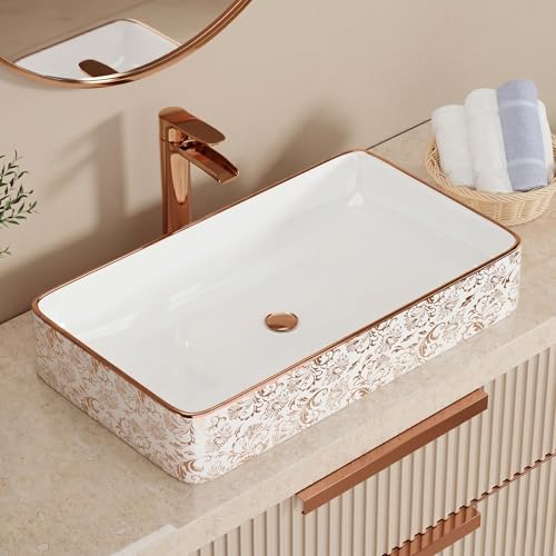 Image of BASSINO 24x14x5 Inches Ceramic Table Top Wash Basin /1 Year Warranty /White & Rose Gold Basin for Bathroom /Rectangular Ceramic Countertop Washbasin for Bathroom /Dining Hall /Living Room(Glossy)