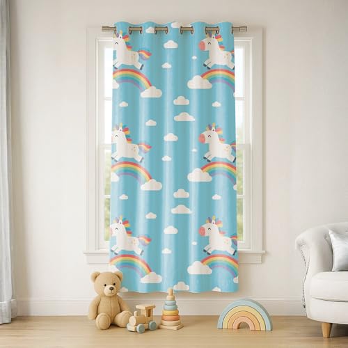 Image of STITCHNEST Velvet Kids Curtains Pack of 2 | Unicorn & Rainbow Print | Semi Blackout Curtains for Nursery, Girls Room & Toddler Bedroom | 7 Feet