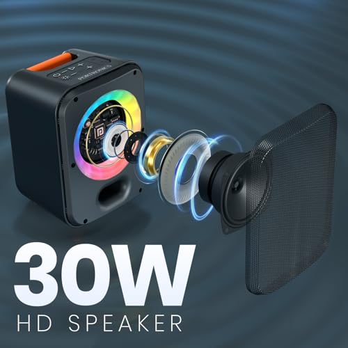 Image of Portronics 30W Dash Wireless Bluetooth Portable Speaker with Dual Wireless Karaoke Mic, Echo Control, 5 Hour Playtime, RGB LED Light, Bluetooth V5.4, Easy Grab Handle, USB in, Type C Charging(Black)