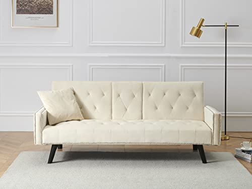 Fulife 5 Modern Futon Sofa Loveseat Convertible Sleeper Couch Bed Daybed, Folding Recliner With 2 Cup Holders, Removable Soft Pillow-Top Armrest For Living Room Apartment Small Place, Light Beige #TOP3