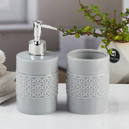 Image of Kookee Ceramic Bathroom Set - Stylish 2 Piece Bath Accessories Kit with Soap Dispenser, Toothbrush Holder - Modern & Designer Decor for Home & Guest Bathrooms, Grey (11110)