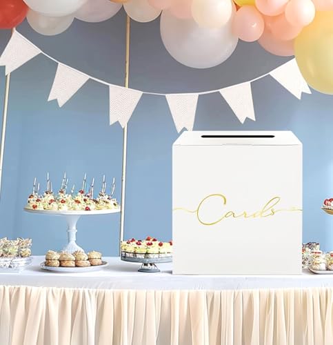 Image of HEIPINIUYE Large Card Box for Party 9.8 inch x 9.8 inch White Gift Card Box Holder with Gold Foil Design for Wedding Birthday Baby Shower Retirement Graduation Party Raffle Box