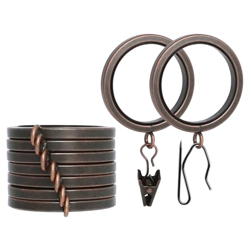 BlastHome Luxury Curtain Rings - Premium Metal with Quiet Smooth Removable Nylon Inserts - Pinhooks & Clips Included - 1 1/2 Inside Diameter - 9 Rings for One Standard Curtain - Oil Rubbed Bronze