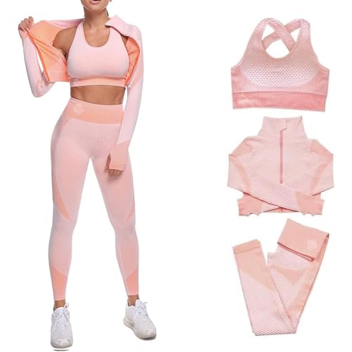 CORPOAMOR Women's Ribbed Seamless Fitness Clothing, Gym Outfit and Yoga Workout Set Jacket, Sports Bra and High Waisted Leggings 3 Piece Set (Pink, Medium)