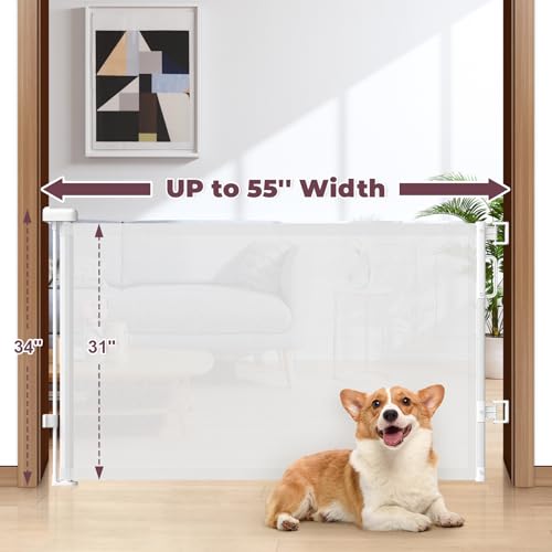 Image of Retractable Baby Gates 2 Pack, 55 inch Wide Mesh Dog Gate Indoor | 34 inch Tall Gate for Stairs Doorways Hallways Deck, Child Pet Safety Gate for Indoor Outdoor Home Use, White