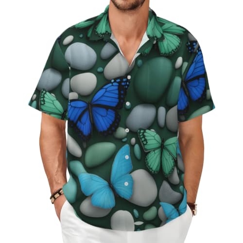 Chemise d'été homme verte et bleue col boutonné motif papillon