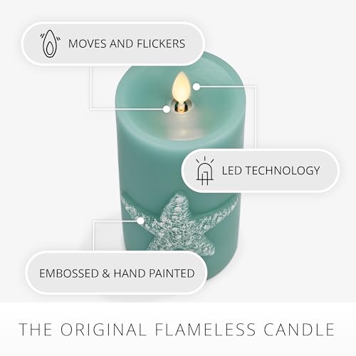 Image of Luminara Embossed Starfish Flameless LED Candle Moving Flame Pillar Unscented Real Wax with Recessed Edge - 3 inch x 6.5 inch (Soft Teal)