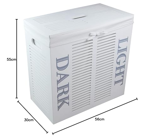 dvier Laundry Basket Laundry Hamper Laundry Chest Wood with 2 x Sorting Compartments Laundry Bag Lid Handle 56 x 30 cm H.55 - Image 5