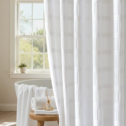 Lameirose White Shower Curtain Fabric, White Textured Shower Curtain Boho
