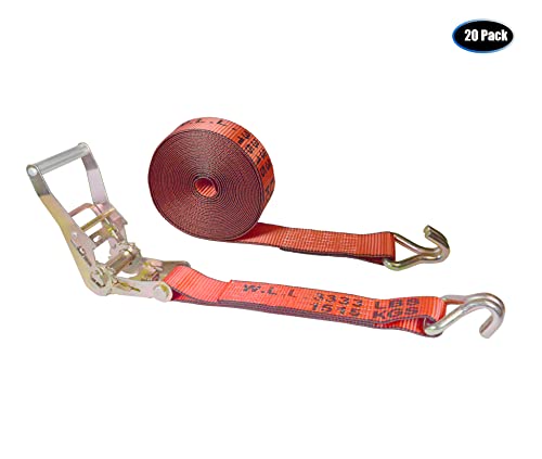 Black Friday - 40% OFF Mega Cargo Control 2” x 30’ Tie Down Double Wire J Hook Ratchet Straps for Trucks, Trailers & Powersports (Red, 20 Pack)