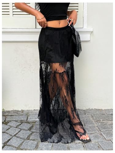 GORGLITTER Women's Plus Size Floral Lace Ruffle Long Maxi Skirt See Through Sheer Coquette Skirts2