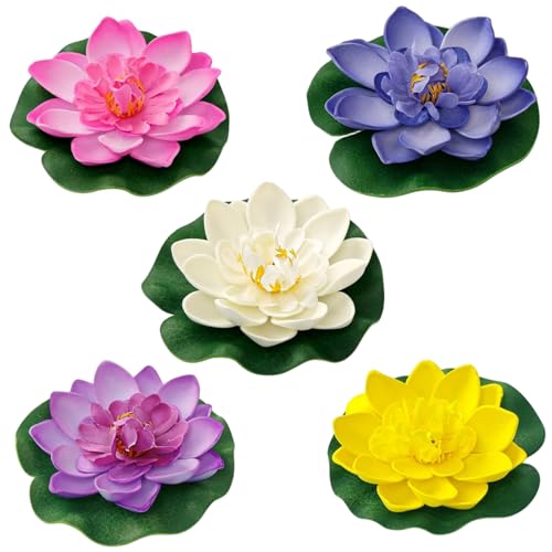 Liummrcy 5pcs Flores de Loto 3.9 Agua Artificial Realista Lirio Flotante Decoración de Flores de Loto para Estanque de Pescado, Acuario, jardín, Estanque, Patio