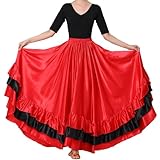 Backgarden Women Black Red Layers Satin Long Skirt for Spanish Flamenco Belly Dance Gypsy Mexico Ballet Folklorico Performance Costume (Red Theme)