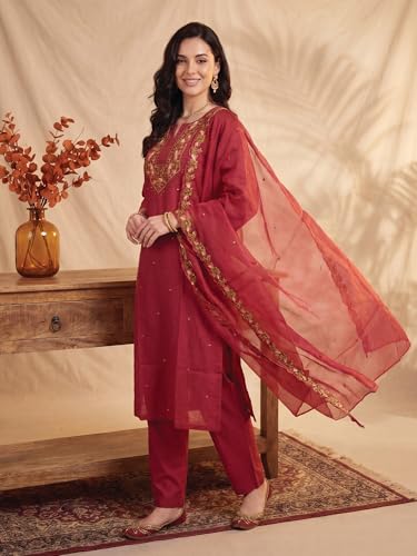Image of INDO ERA Women's Silk Blend Floral Embroidered Thread Work Kurta & Pant with Dupatta Set
