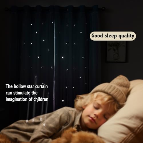 Image of indistar Colourful Stripe Star Cut-Out Blackout Curtains for Bedroom,2 Layers Mix Design of Fabric & Tulle,Pretty Window Curtain for Kids Room 1 Panel (W52 x L63 Blue Purple)