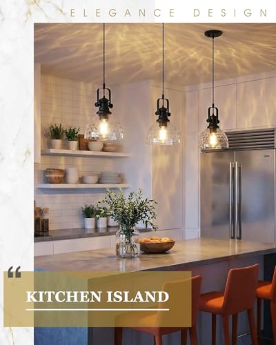 Image of 2-Pack 7.5 inch Black Pendant Light Fixtures, Hammered Glass Shade | Farmhouse Vintage Hanging Light Fixture for Kitchen Island Dining Room, Adjustable Height, E26 Base, AD-22151-1P2-BK-H