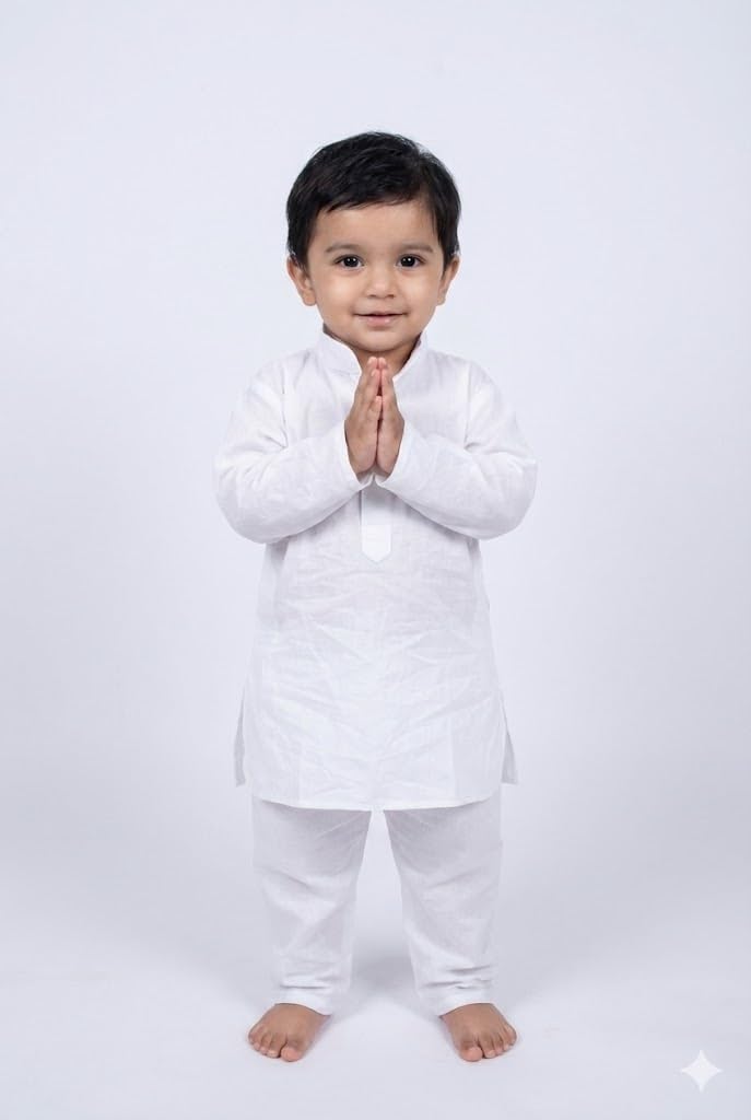 Uchchitha Designs Boys White Cotton Kurta Pajama Set, Round Neck Long Sleeve, Regular Fit, Traditional Outfit-image-12