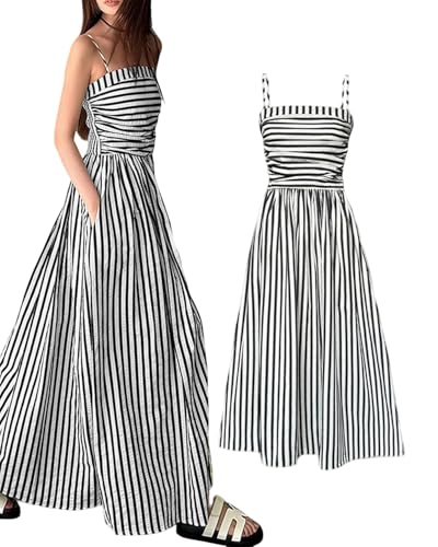 VSDFAW Women's Striped Back Smocked Maxi Dress, Smocked Backless Spaghetti Strap Sleeveless Flowy Sundress with Pocket (Black,Medium)