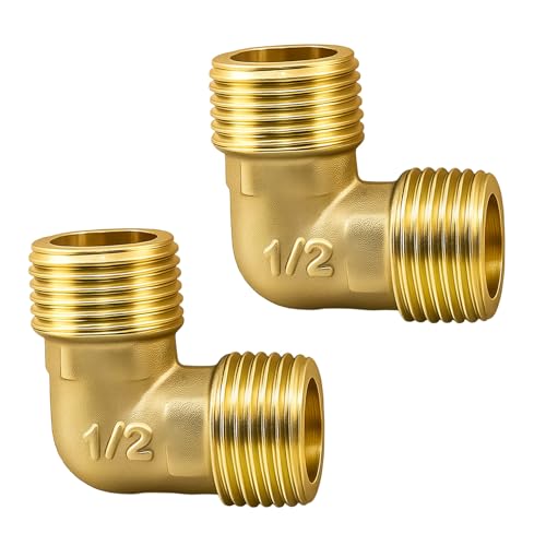 2PCS Brass Elbow Pipe Fitting 90 Degree 1/2 Female to 1/2 Male, 20mm Compression Connectors, Heavy Duty Brass Pipe Fitting 90 Degree Elbow for Plumbing, Water, Gas,Air Line Connection